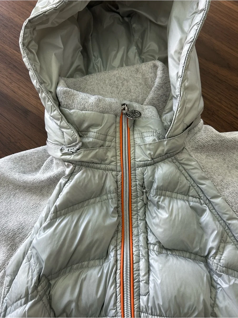 Michael Kors Light Gray Quilted Hooded Jacket with Coral Trim